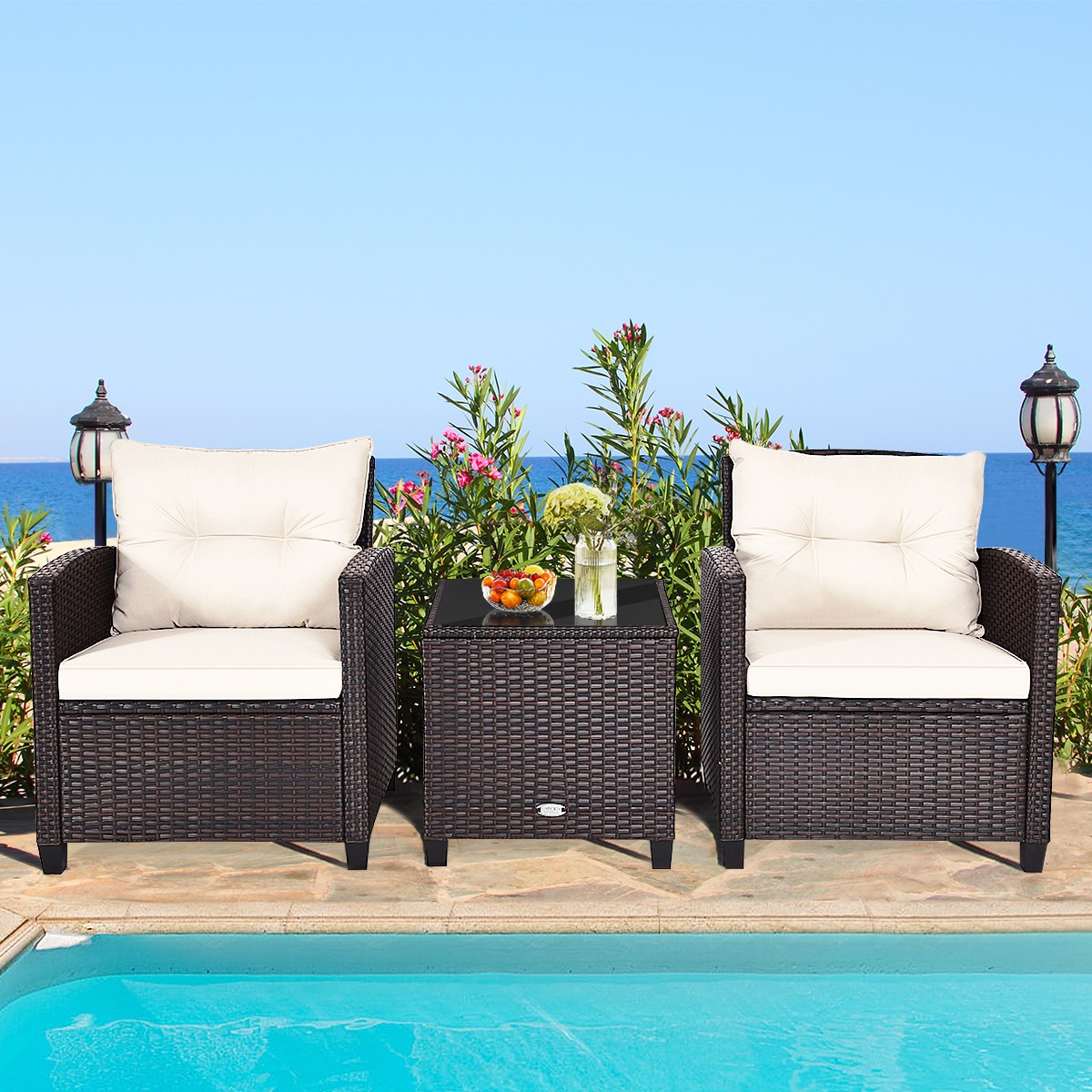 3PCS Patio Rattan Furniture Set Cushioned Sofa Coffee Table Garden off White