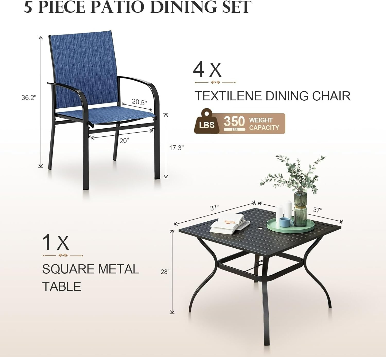 5 Piece Patio Dining Set Outdoor Table and Chairs Set of 4 for Garden Backyard