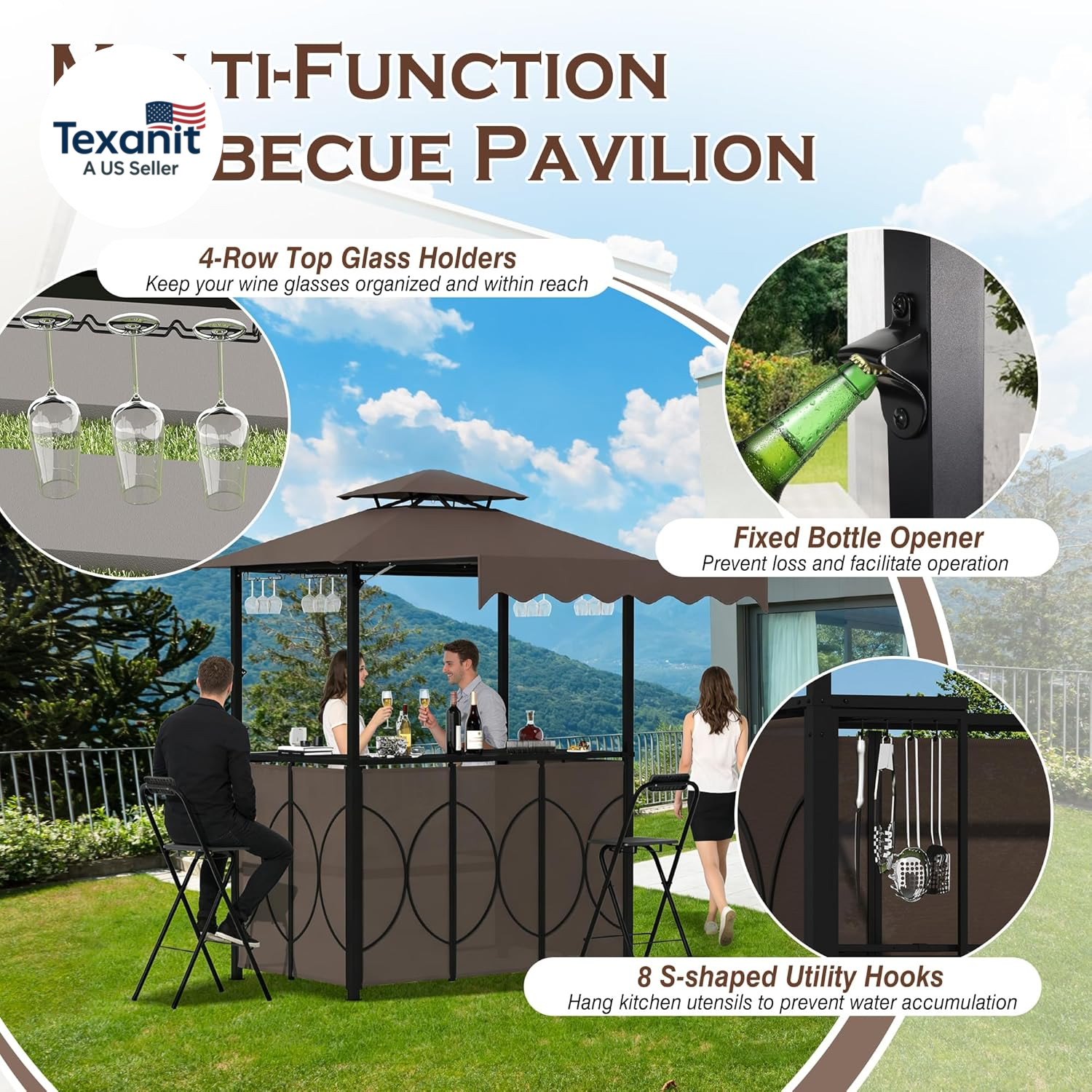 3 Piece Patio Bar and Grill Set, Grill Gazebo with Bar Table and 2 Foldable Stoo