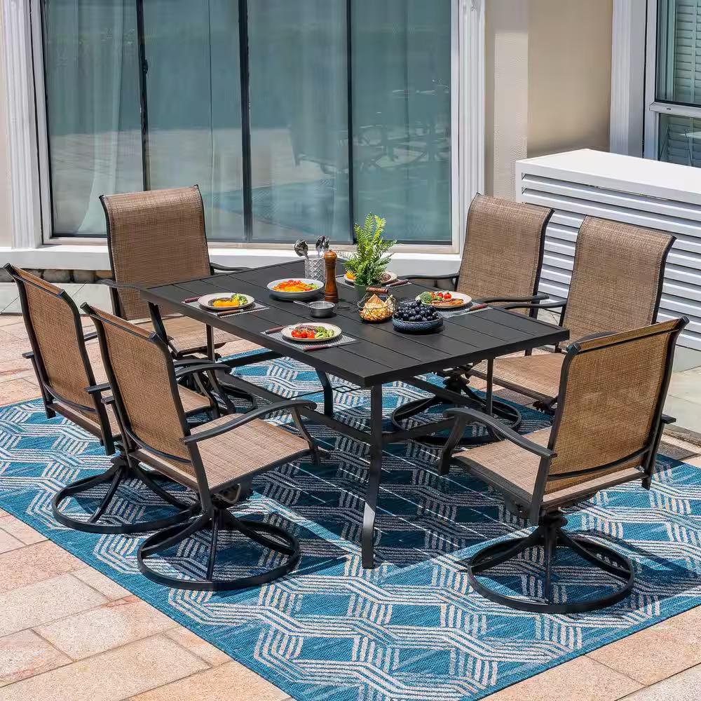 Brown 7-Piece Textilene Iron Metal Outdoor Dining Set 6-Swivel Chairs Rectangle