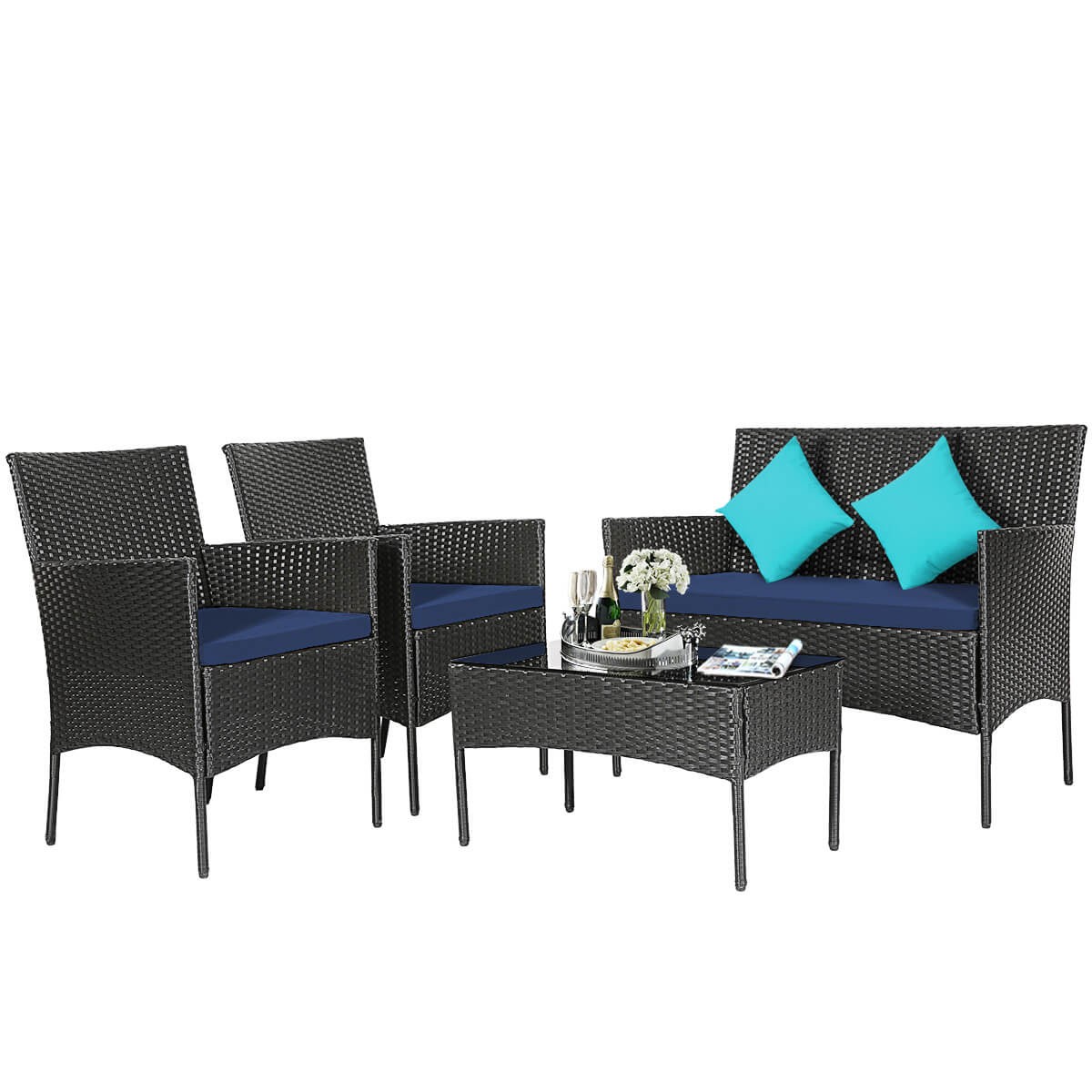 4PCS Patio Rattan Furniture Set Cushioned Sofa Coffee Table Backyard Porch Navy