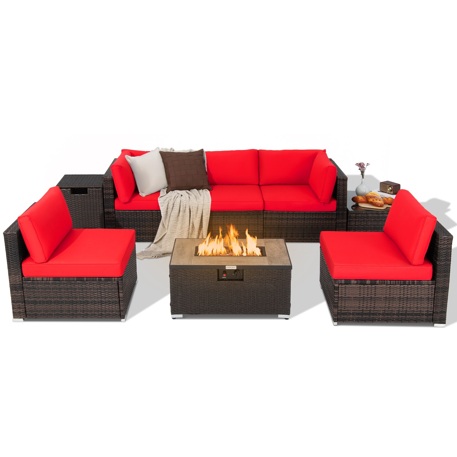 8PCS Patio Rattan Furniture Set Fire Pit Table Tank Holder Cover Deck Red