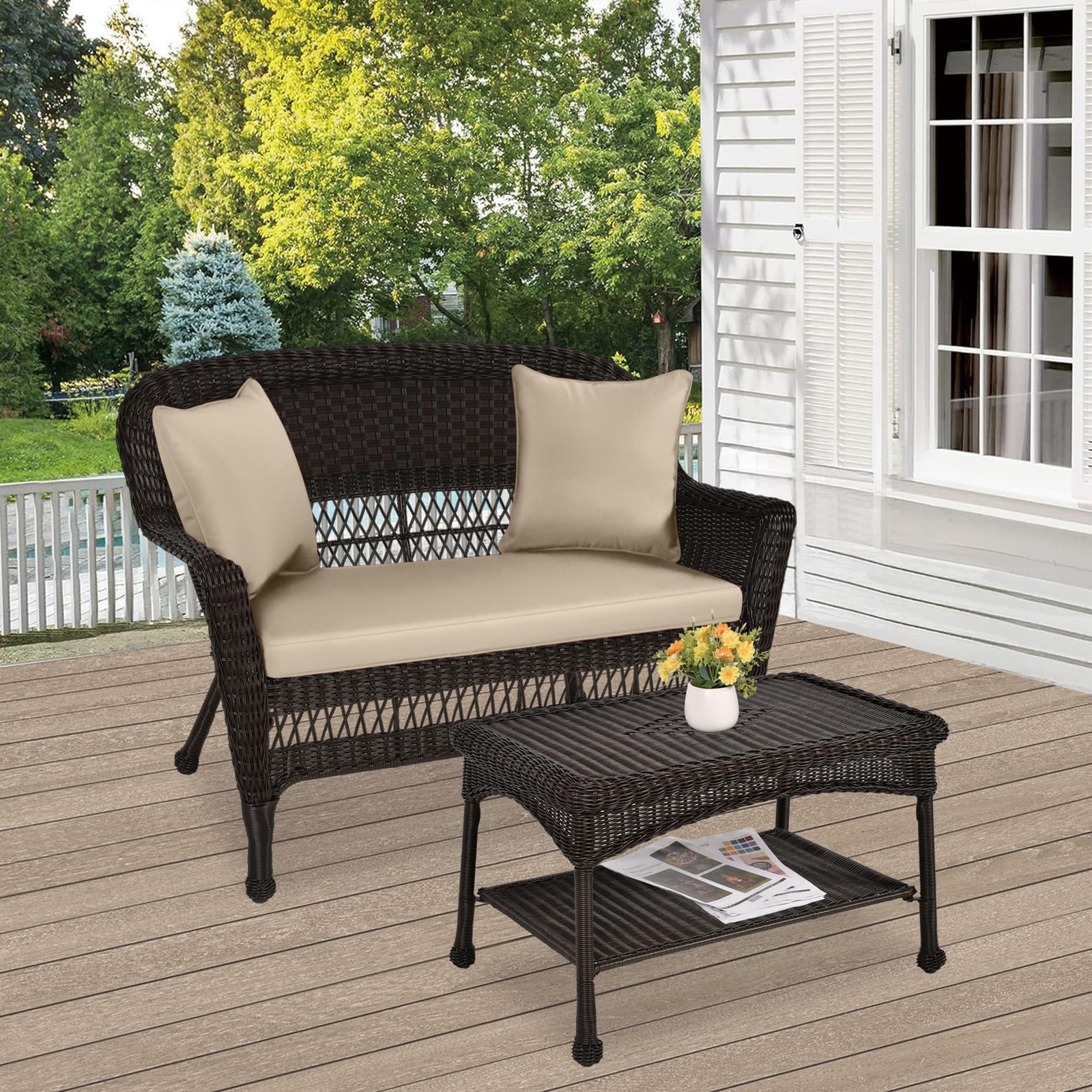 Pemberly Row Patio Love Seat and Coffee Table Set in Black with Tan Cushion