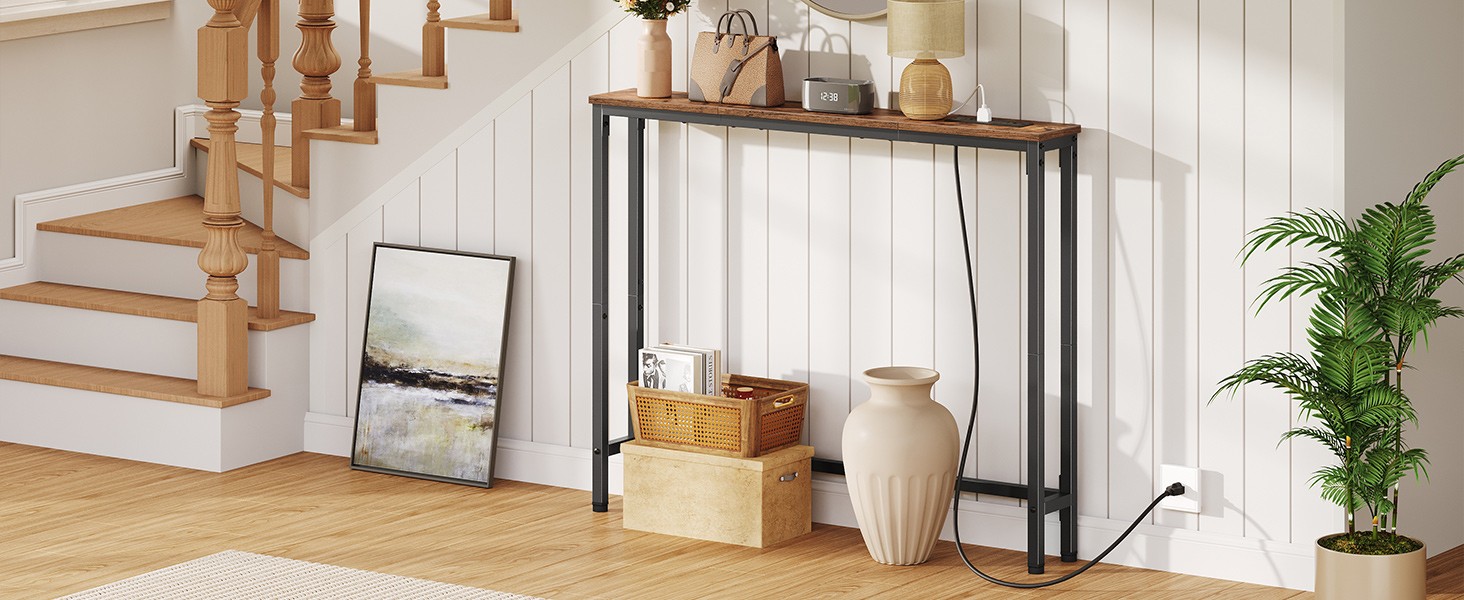39.4 Inch Narrow Console Table with Power Outlets, 5.9 Inch Sofa