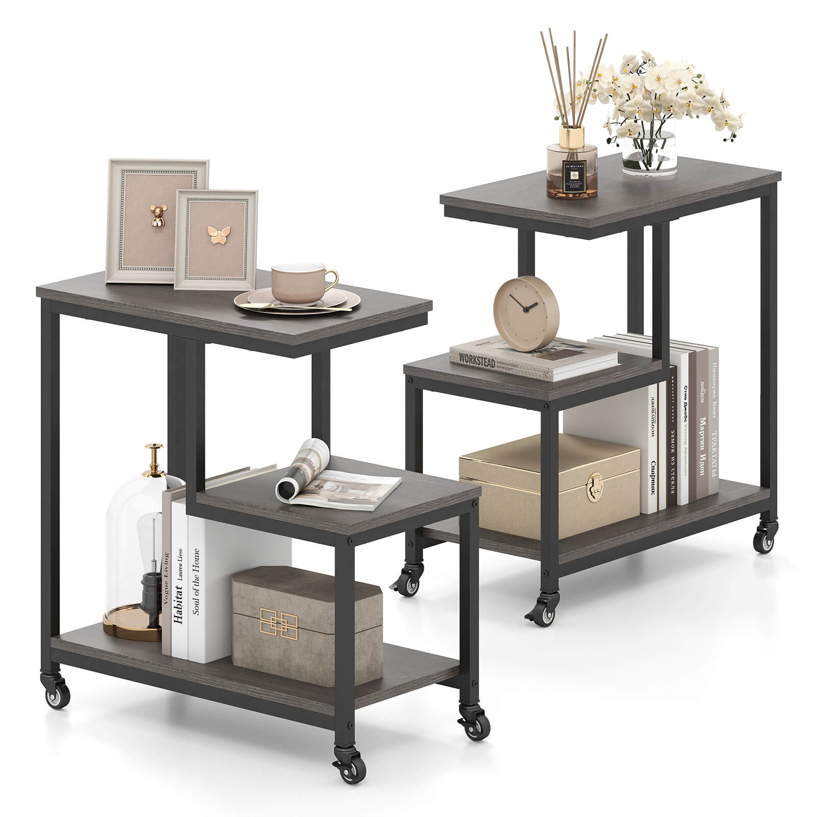 2 PCS Modern G-Shaped End Table Home 3-Tier Side Table w/ Storage Shelves