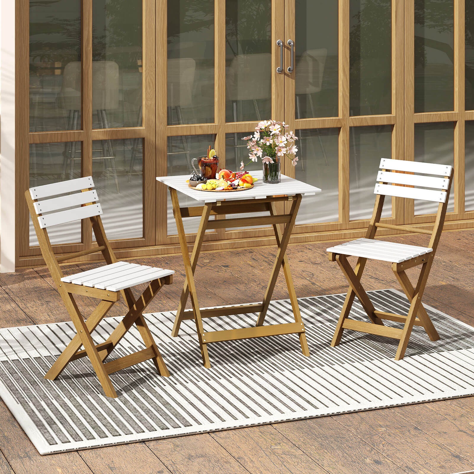 3PCS Folding Patio Bistro Set w/Slatted Design Small Outdoor Furniture Set