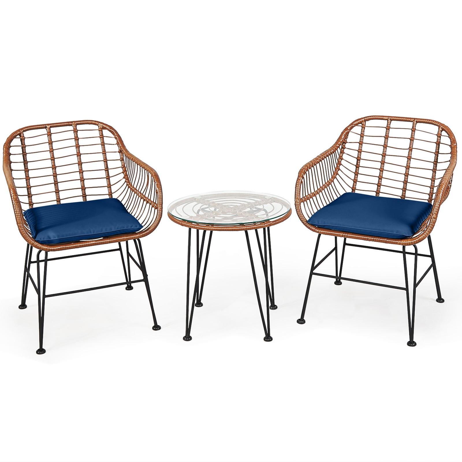 3PCS Rattan Patio Conversation Set Bistro Chat Set w/ Navy Cushions