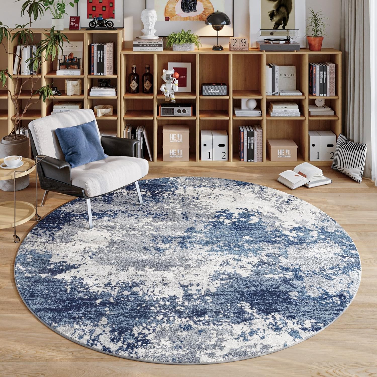 Blue Round Area Rugs 4ft Washable Circle Rug for Entryway Kitchen, Non