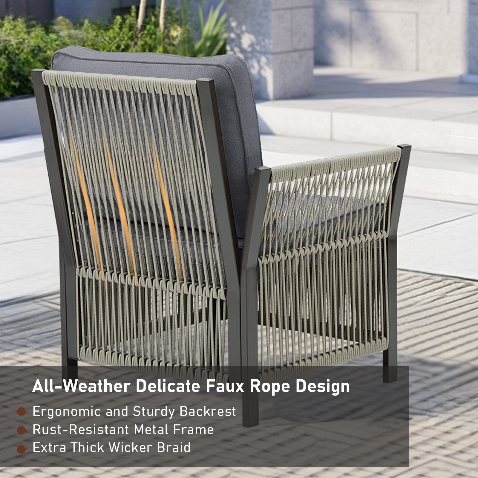 Patio Arm Chairs Set of 2, Gray Wicker Lounge Chairs with Cushions