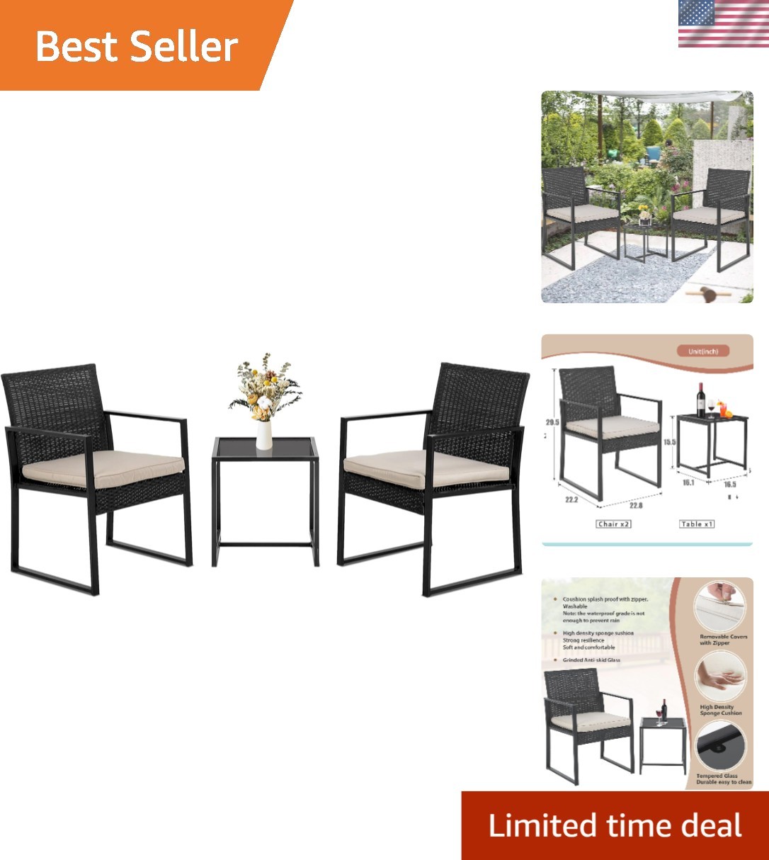 Versatile 3-Piece Patio Set for Porch, Garden & Balcony – Modern Khaki Design