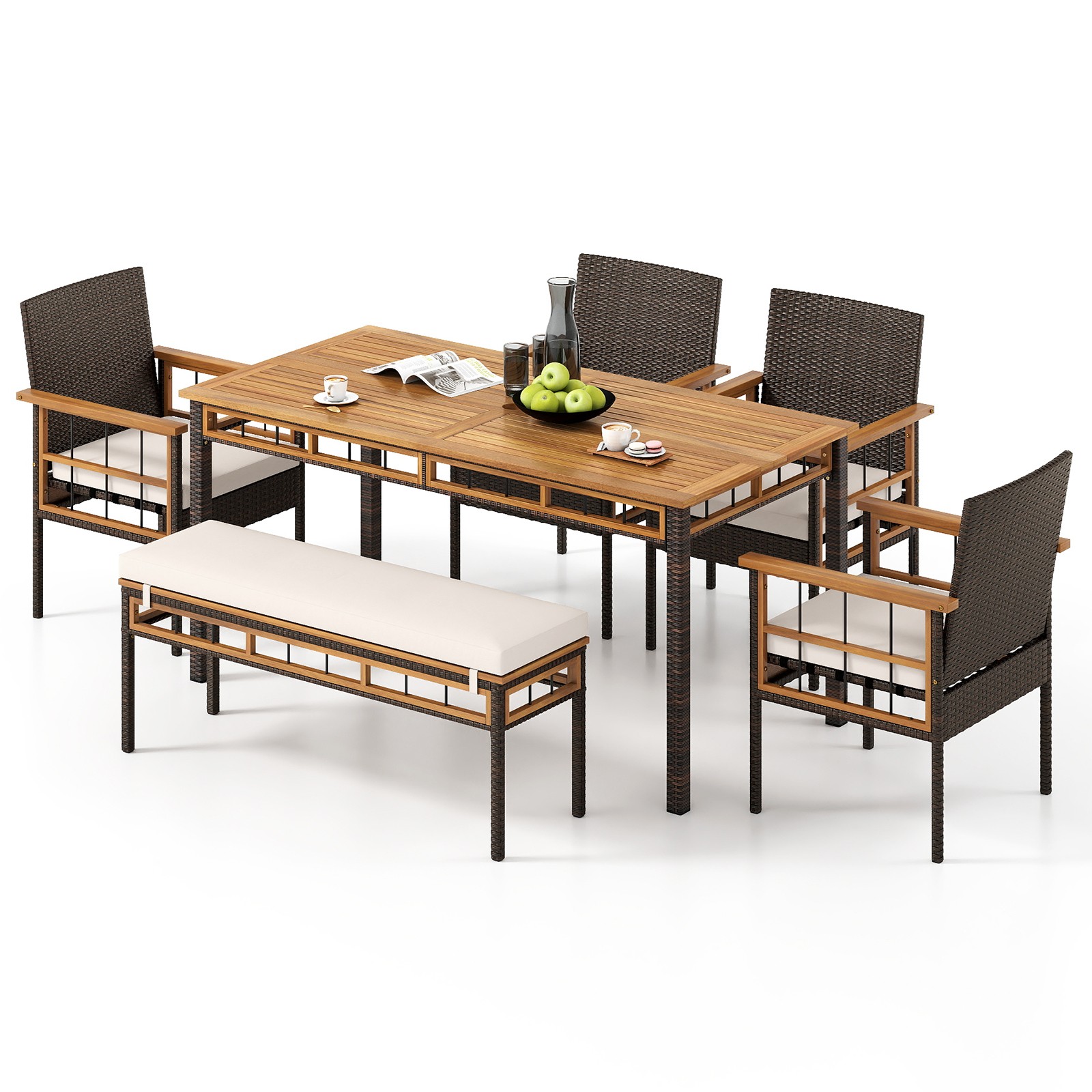 Set of 6 Acacia Wood Table Backless Bench 4 Armchairs w/1.97″ Umbrella Hole