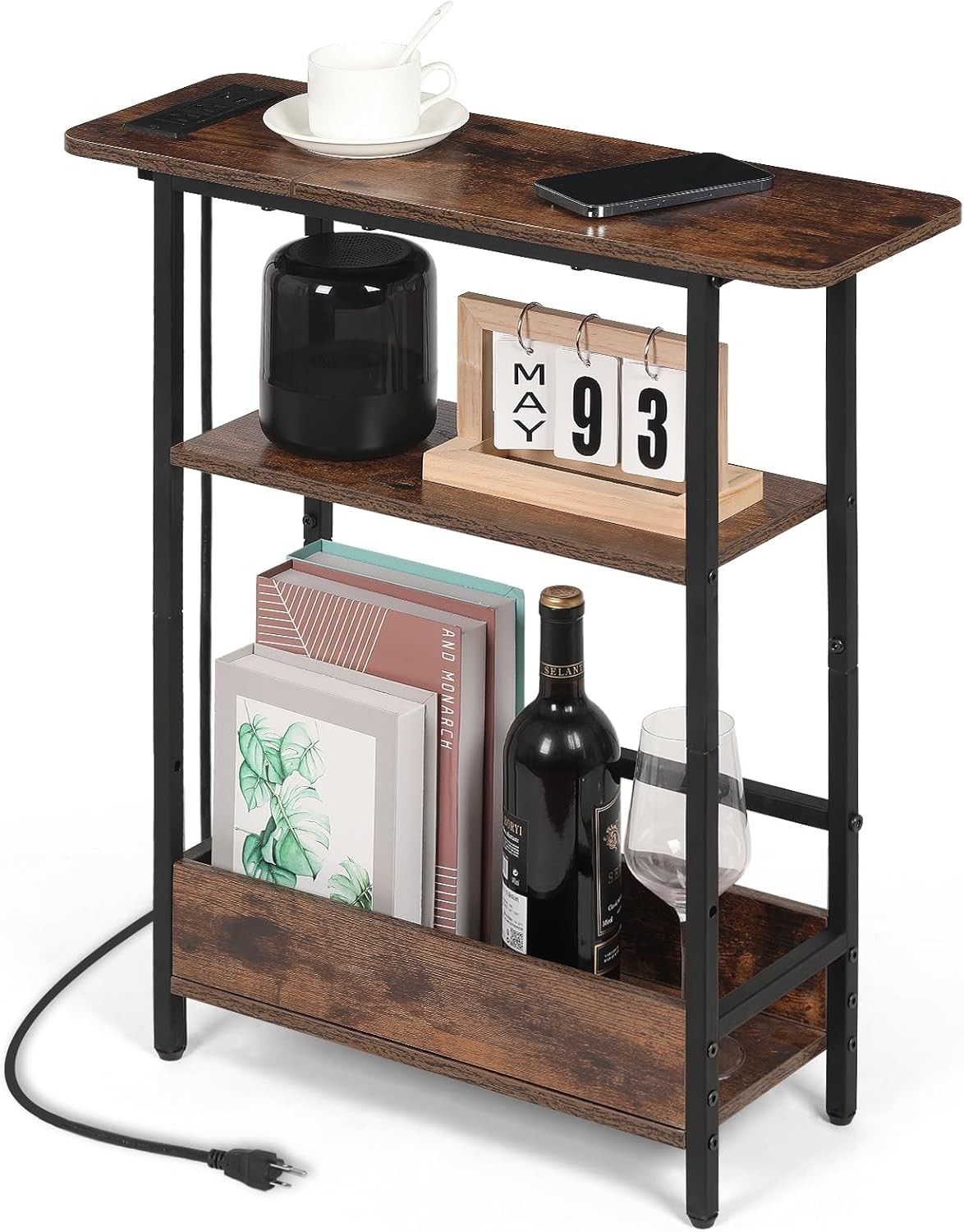 Narrow Side Table with USB-C Charging Stat, 3-Tier Slim End Table with