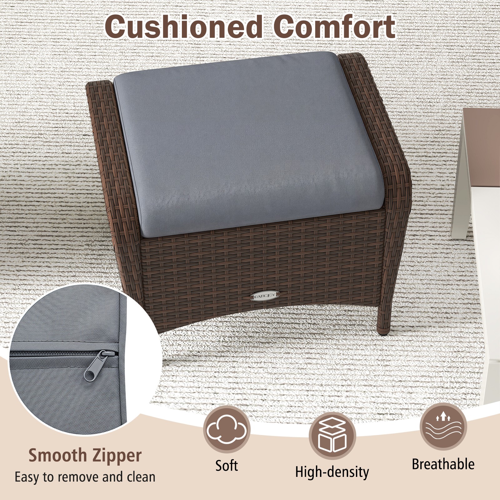 2 Pieces Outdoor Patio PE Wicker Ottomans with Removable Cushions for Porch