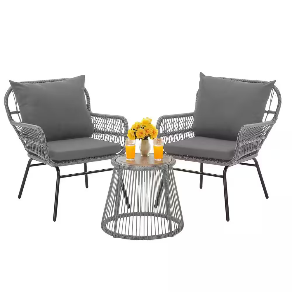 Outdoor Grey 3-Piece Wicker Furniture Set, Outdoor Bistro Patio Set with Grey Cu