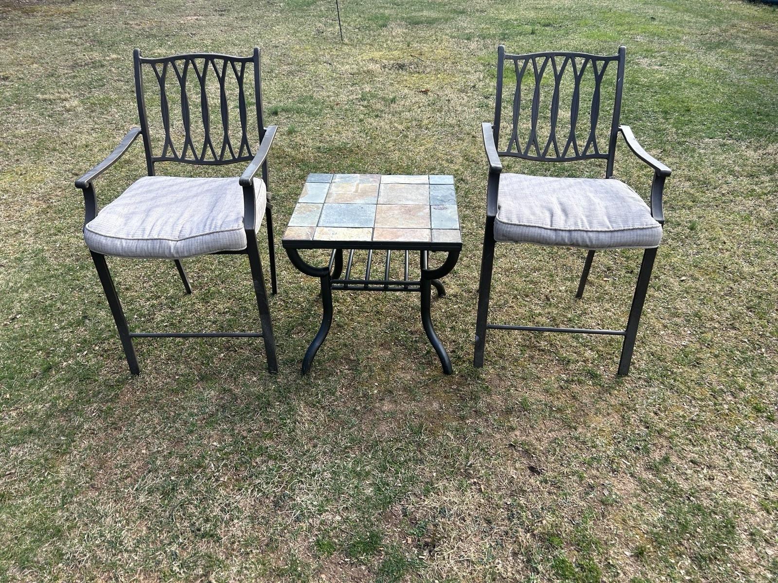 Heavy Outdoor Bistro Set Cast Iron Chairs And Stone Top Side Table