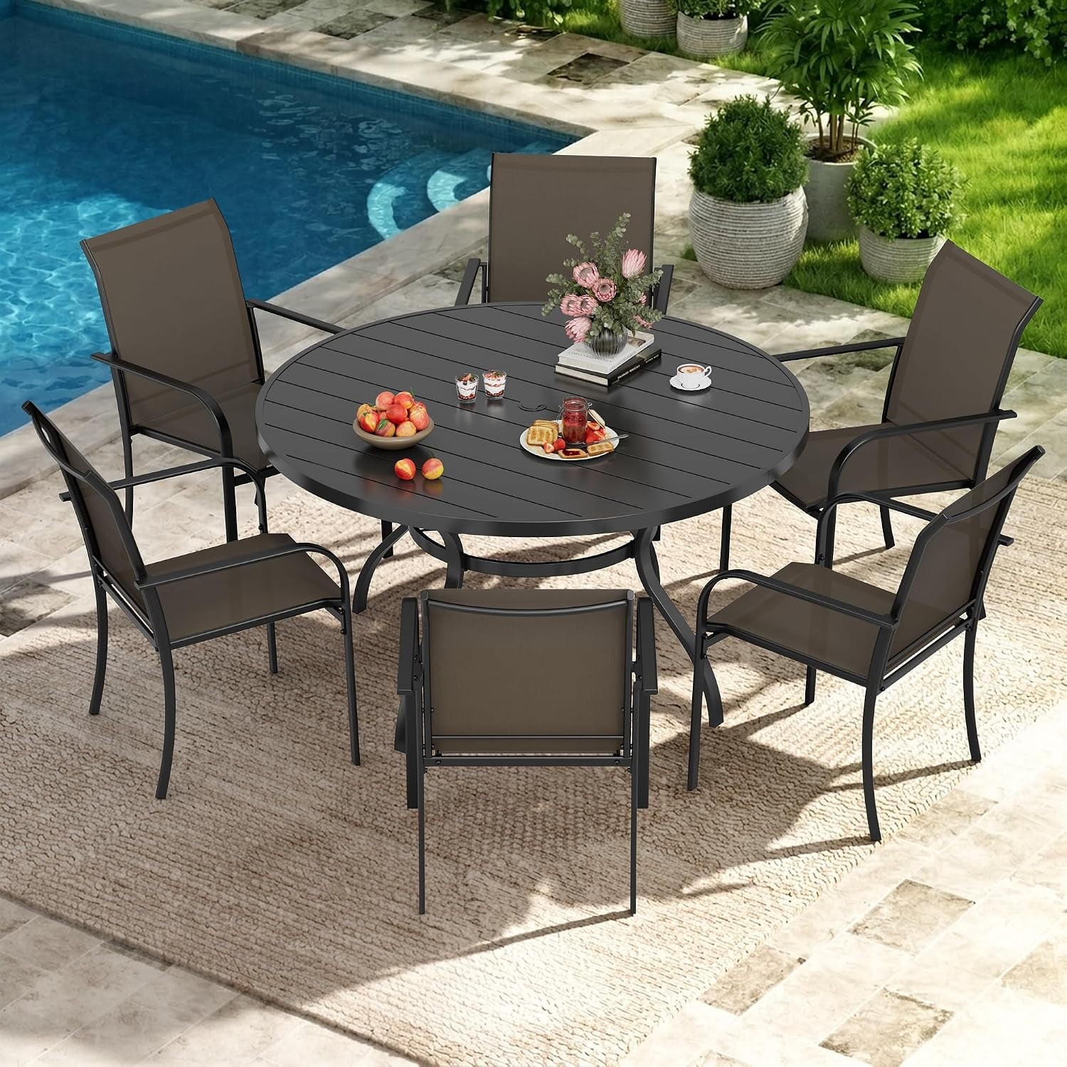 7-Piece Outdoor Patio Dining Set 6 Textilene Metal Chairs 53″ Round Table 1.57″
