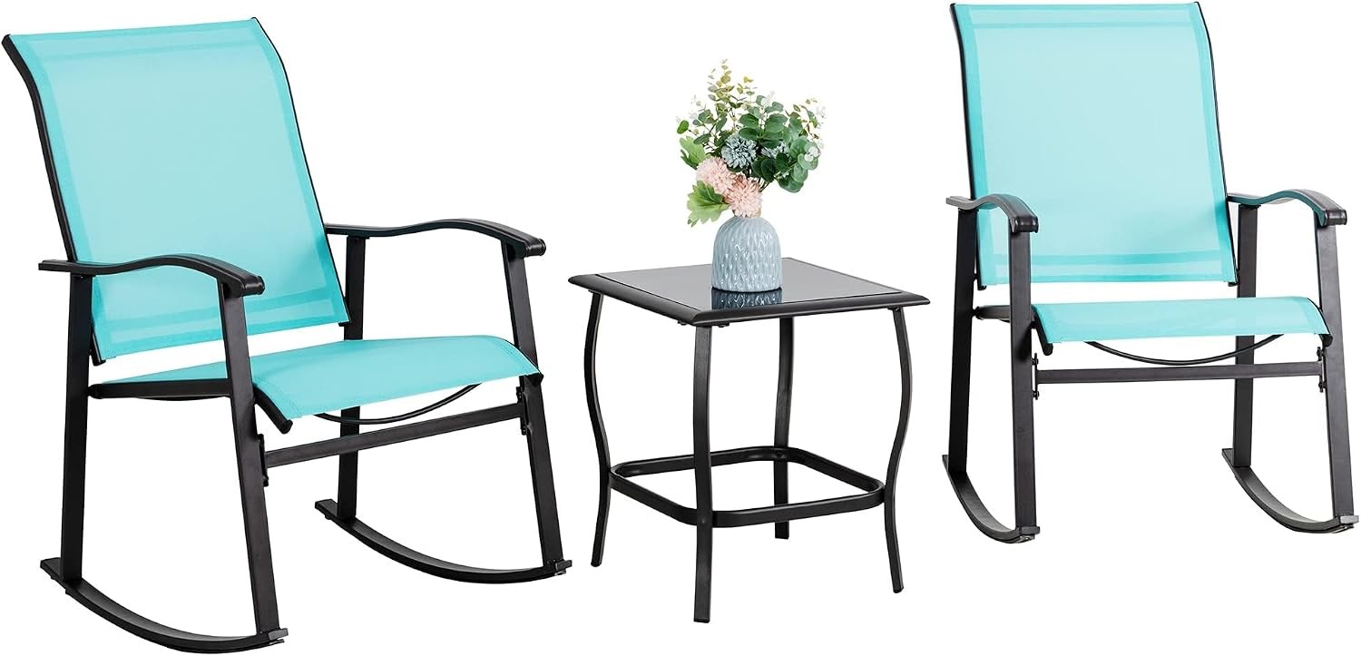 3 Piece Outdoor Rocking Bistro Set Textilene Fabric Small Patio Furniture Set