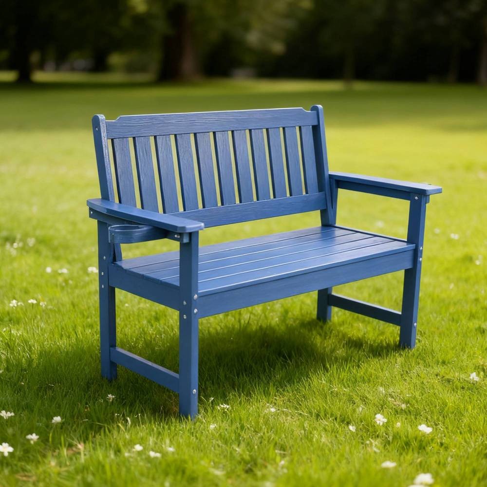 Outdoor Patio Bench, All-Weather Steel Frame w/ Slatted Backrest, Dark Blue