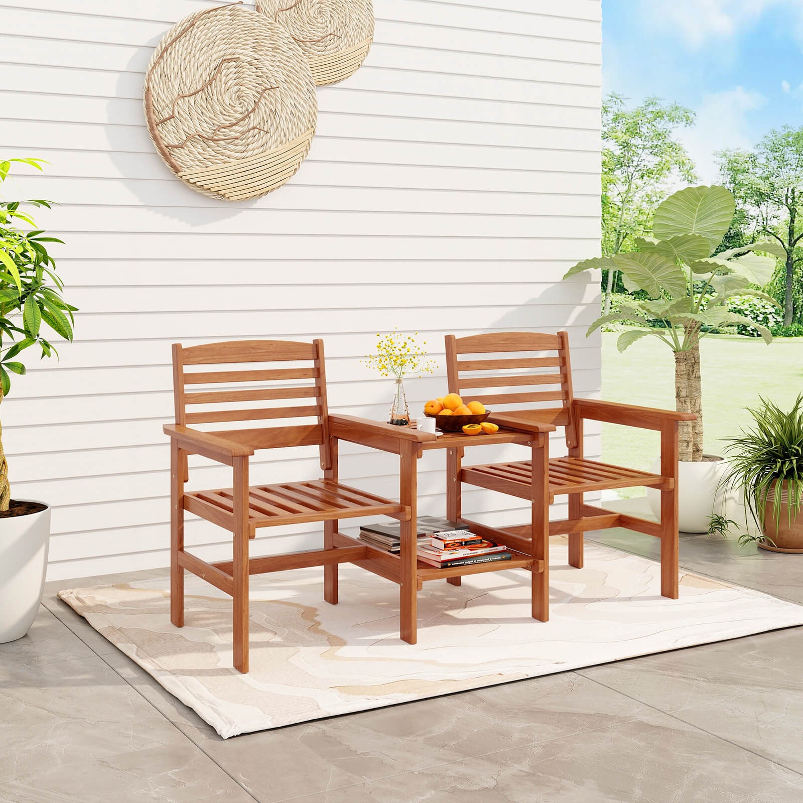 Outdoor Patio Loveseat with Coffee Table and Umbrella Hole for Garden Poolside