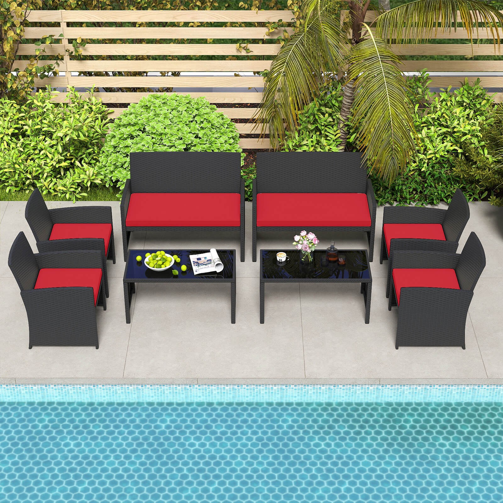 4 PCS Patio Conversation Set w/Seat Cushions & Tempered Glass Tabletop, Porch