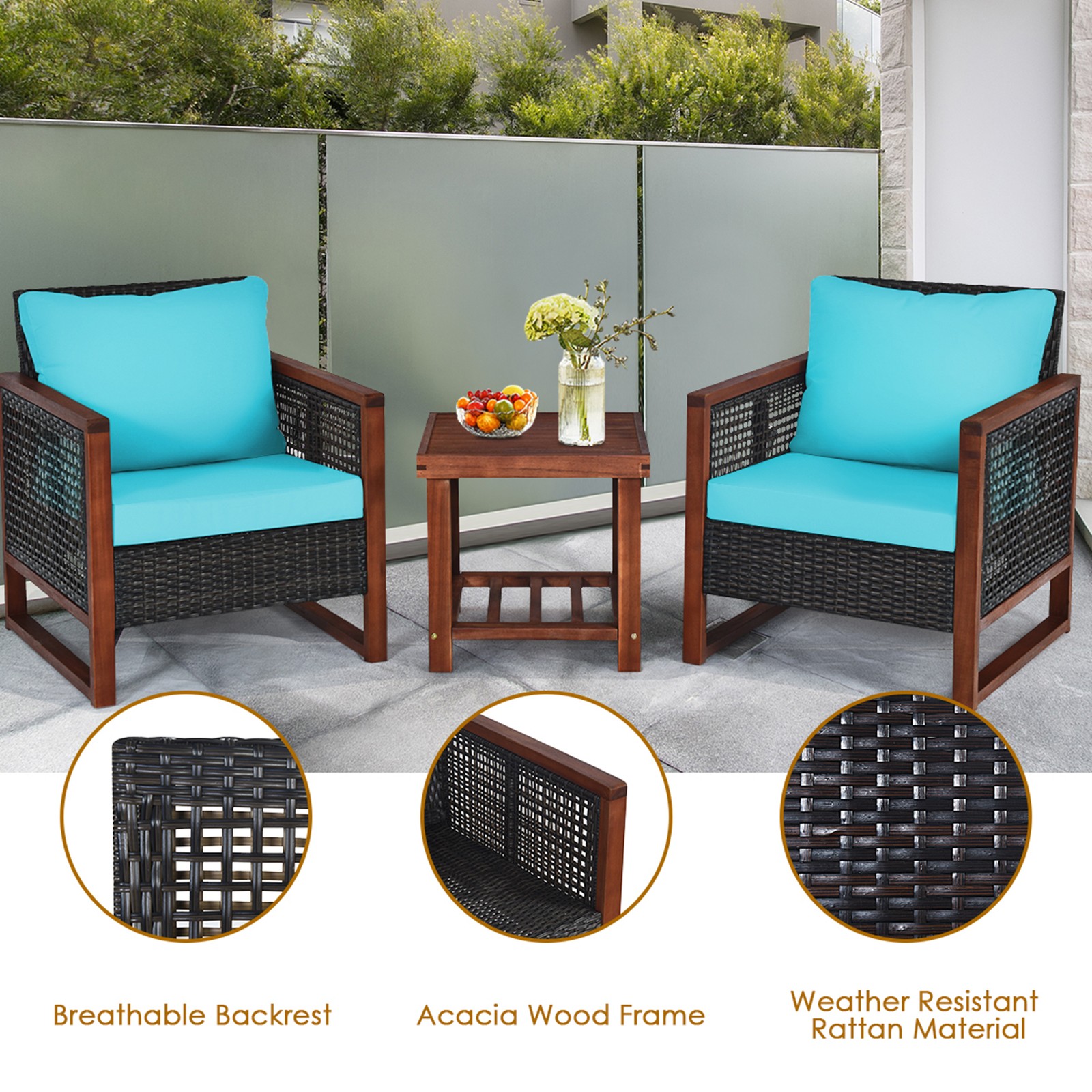 3PCS Rattan Wicker Patio Conversation Set Outdoor Furniture Set w/ Turquoise