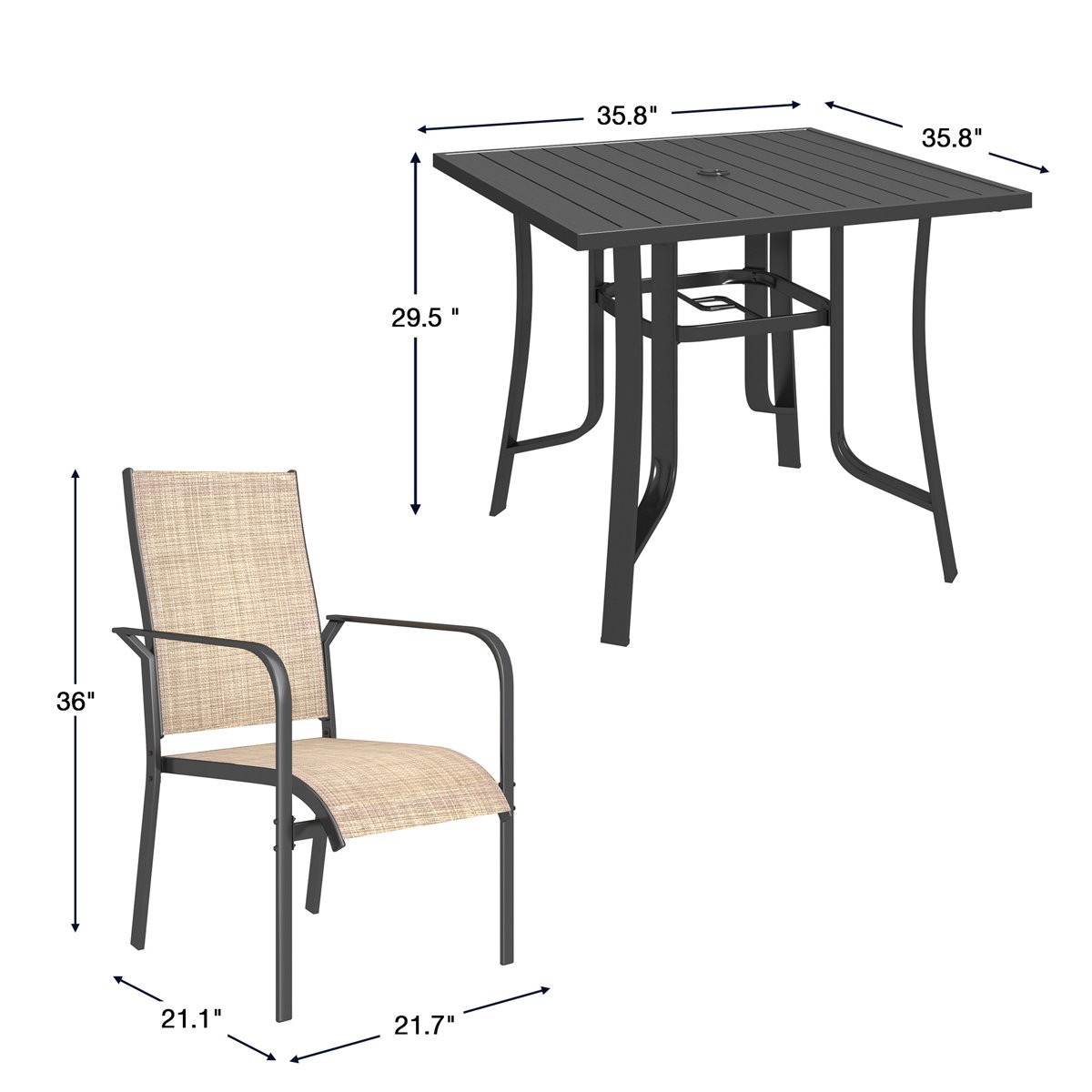 5 Piece Patio Dining Set Expandable Table with Umbrella Hole Metal