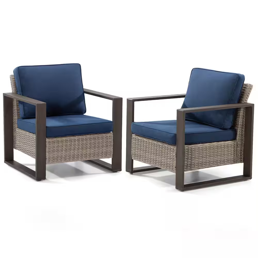 2-Piece Wicker Outdoor Lounge Chair Patio Chairs with Metal Frame and Dark Blue