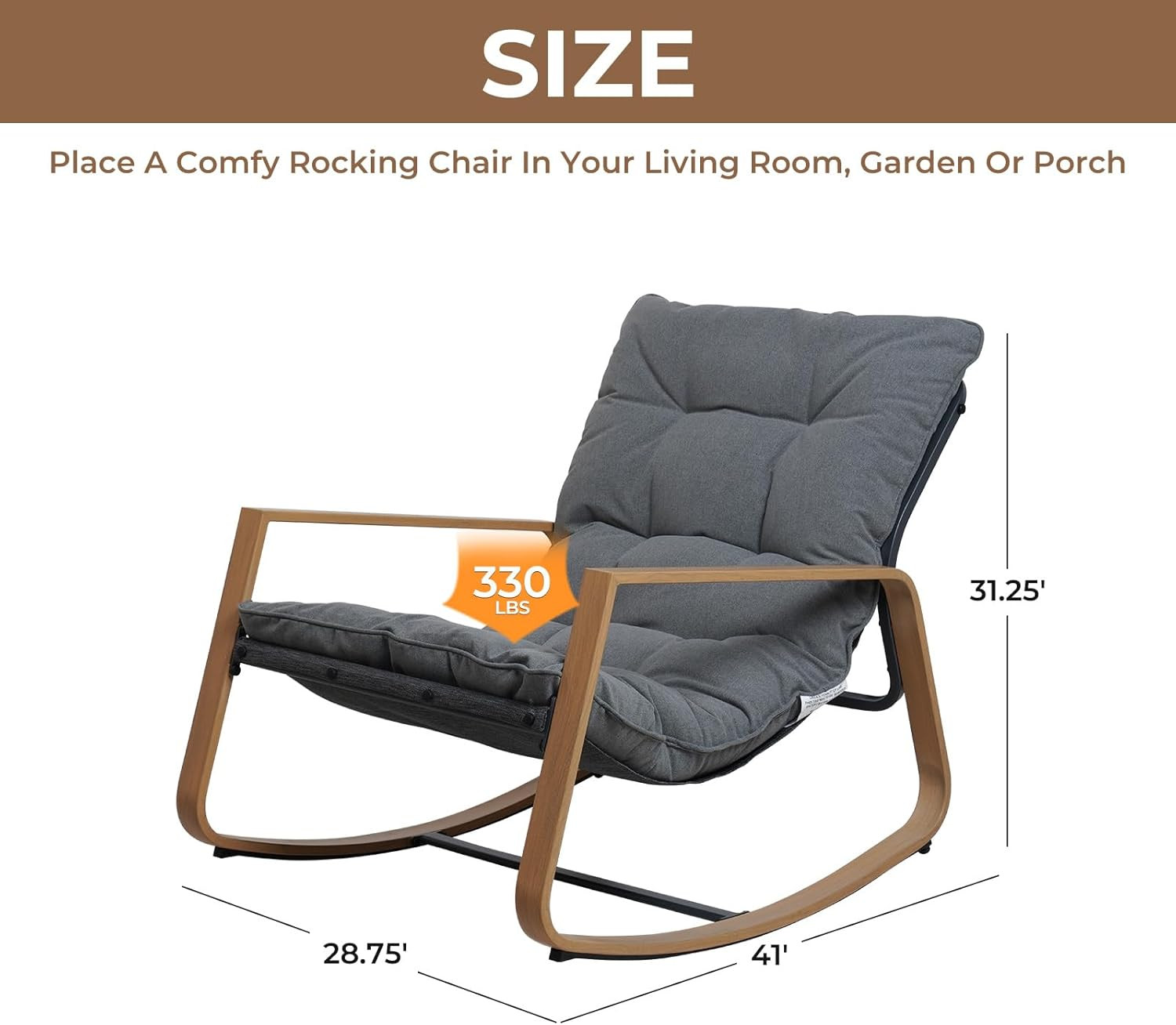 Modern Outdoor Rocking Chair with Padded Seat – Dark Grey, Easy Assembly