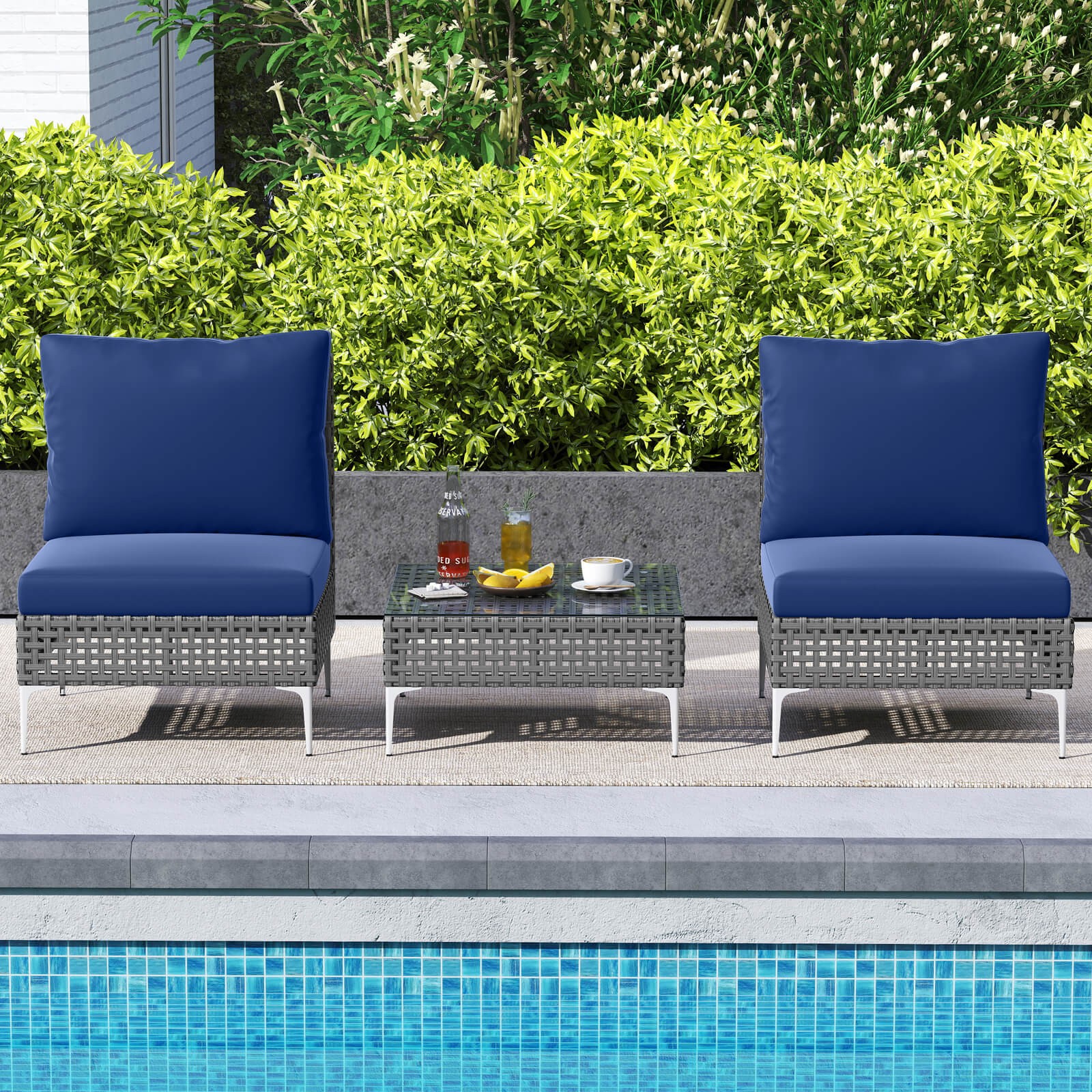 3 PCS Patio Furniture Set with Tempered Glass Coffee Table Soft Back & Seat