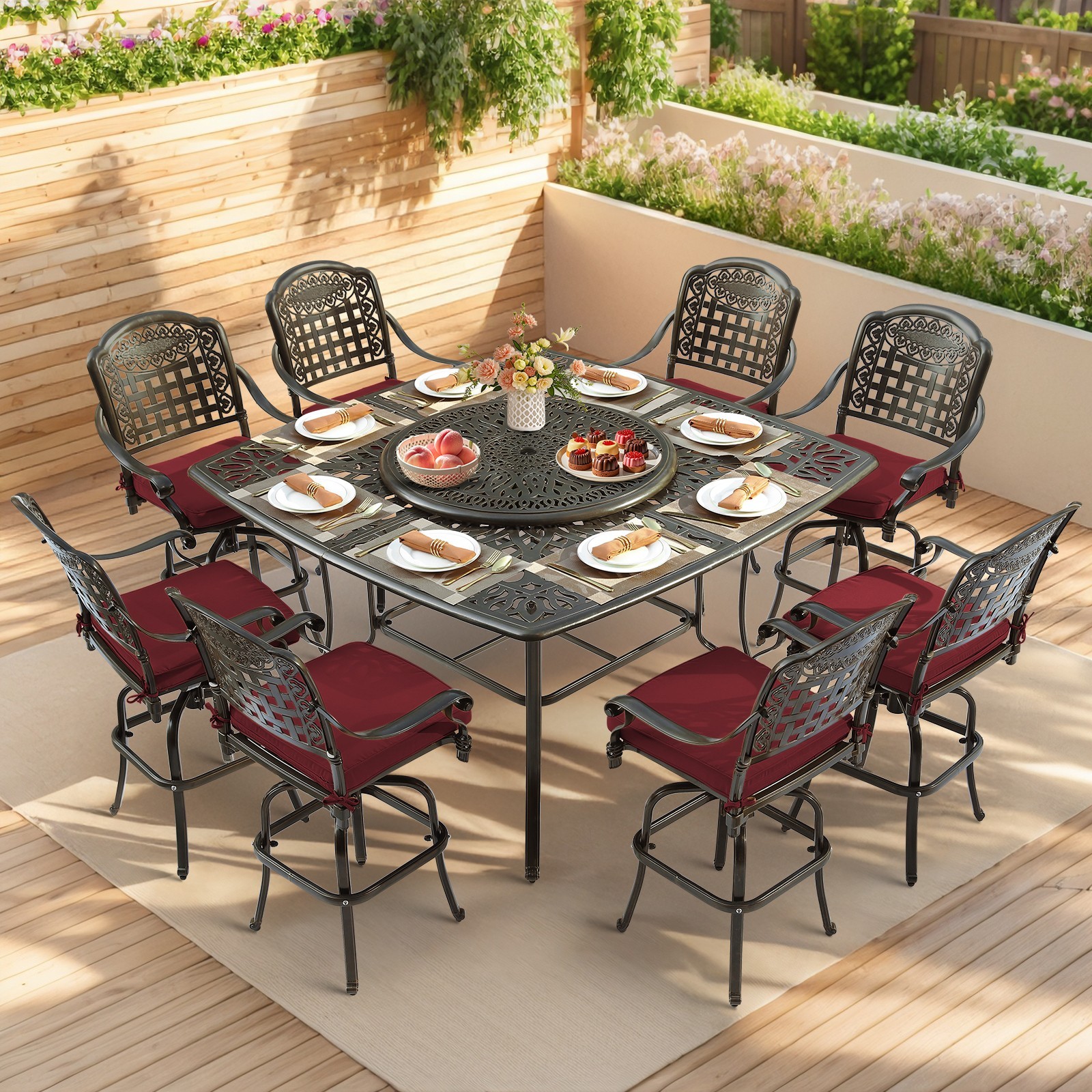 10 PCS Large Outdoor High Bar Swivel Bar Stools & Dining Table Set w/Lazy Susan
