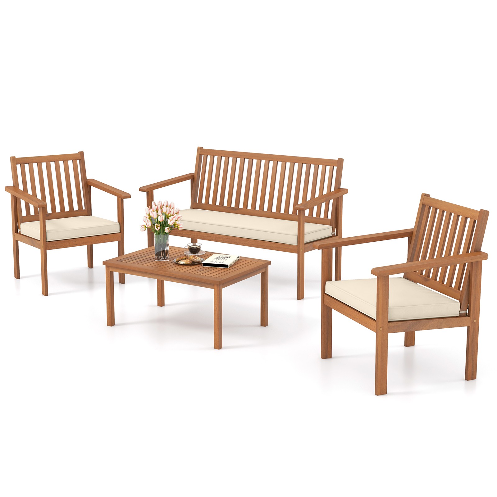 4 Piece Patio Wood Furniture Set w/ Loveseat, 2 Chairs & Coffee Table for Porch