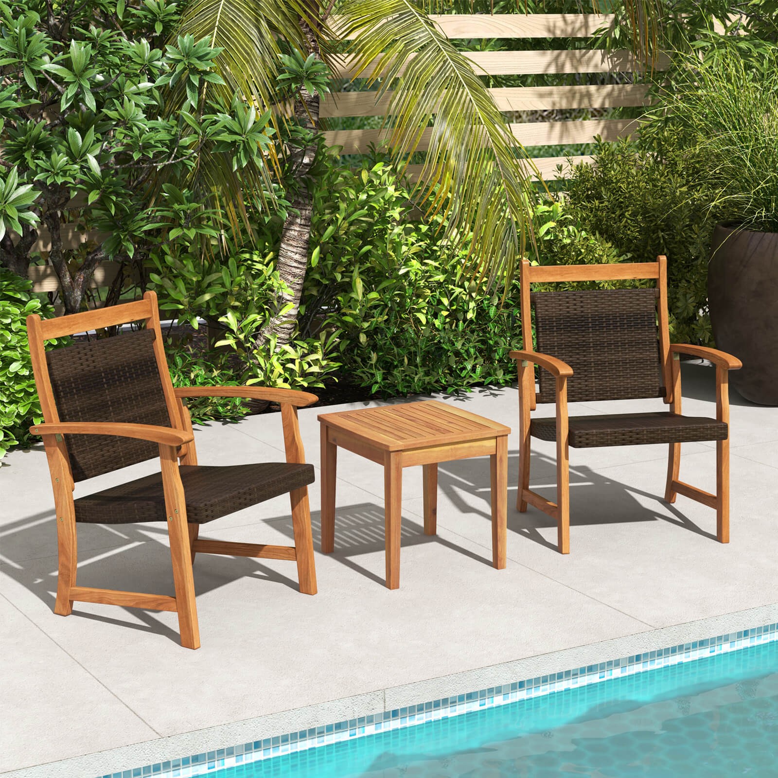Patiojoy Outdoor 3PCS Rattan Bistro Set Acacia Wood Frame Armrest Chairs Garden