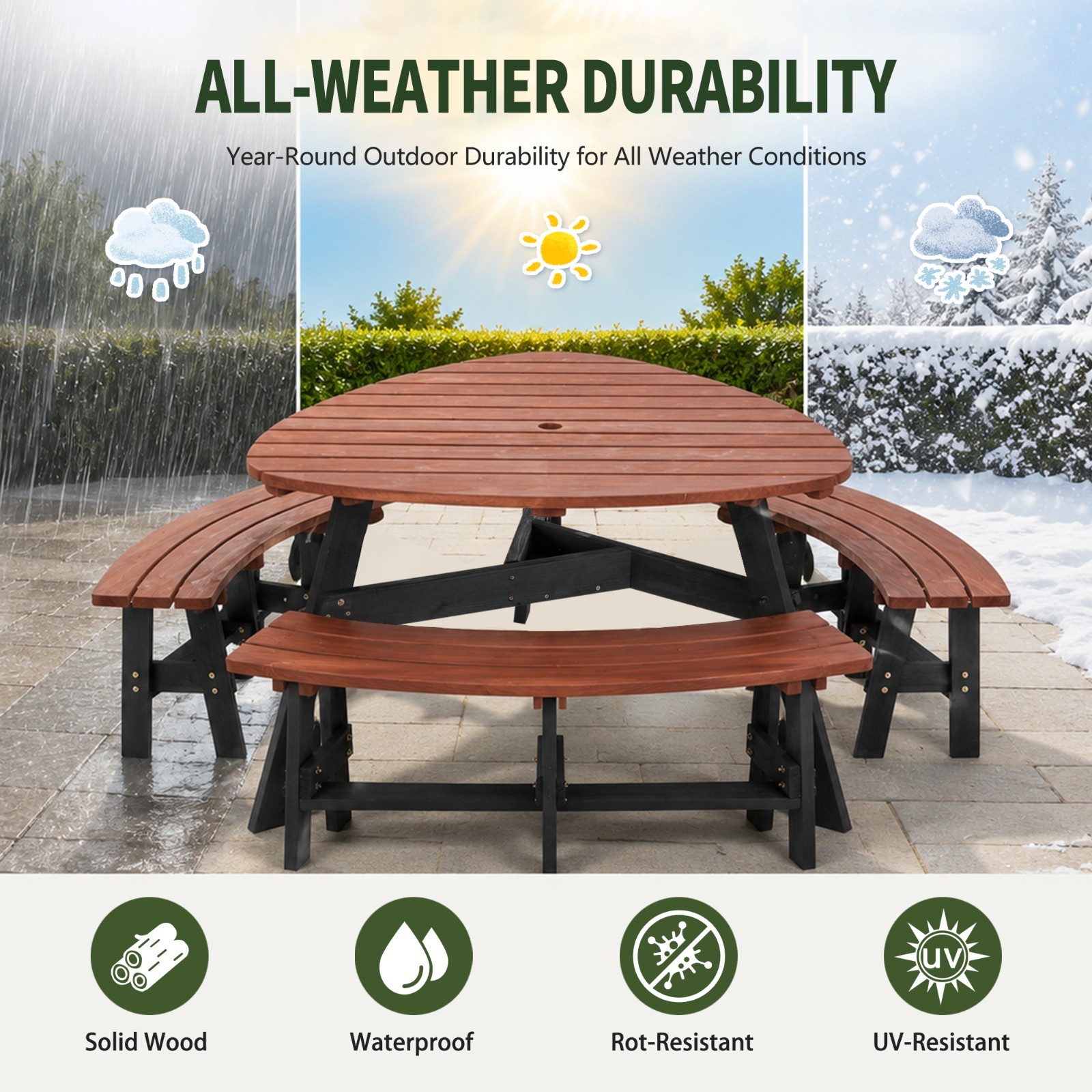 43.2″ Brown Triangle Wood Picnic Table Set Seats 3-6 People with Umbrella Hole
