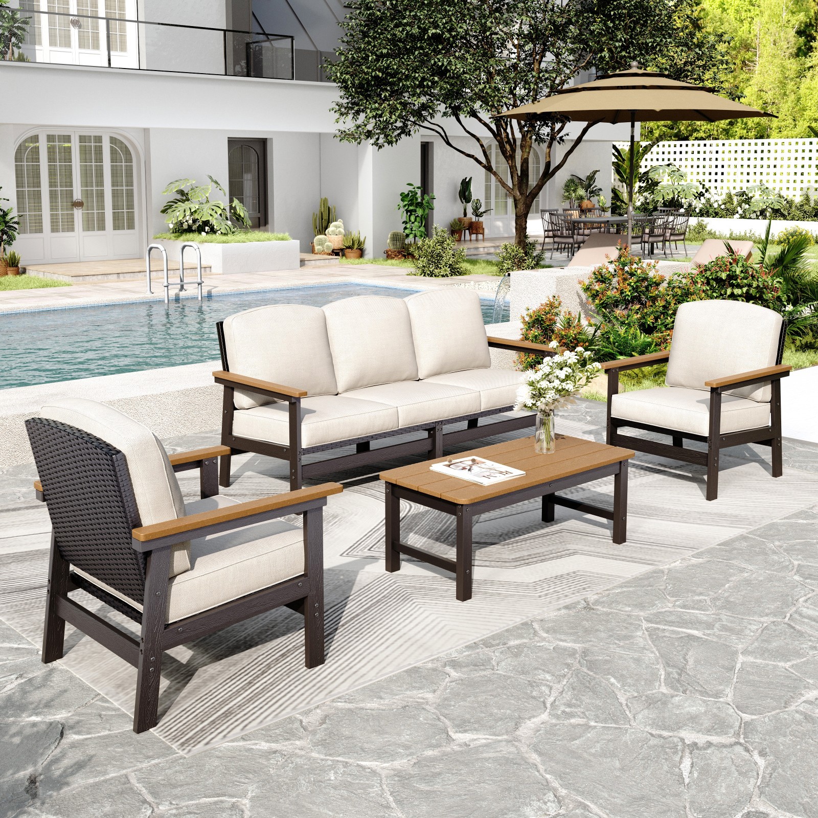 7 Piece Outdoor Dining Set Patio Table Chairs HDPE Rattan Wicker Furniture Set