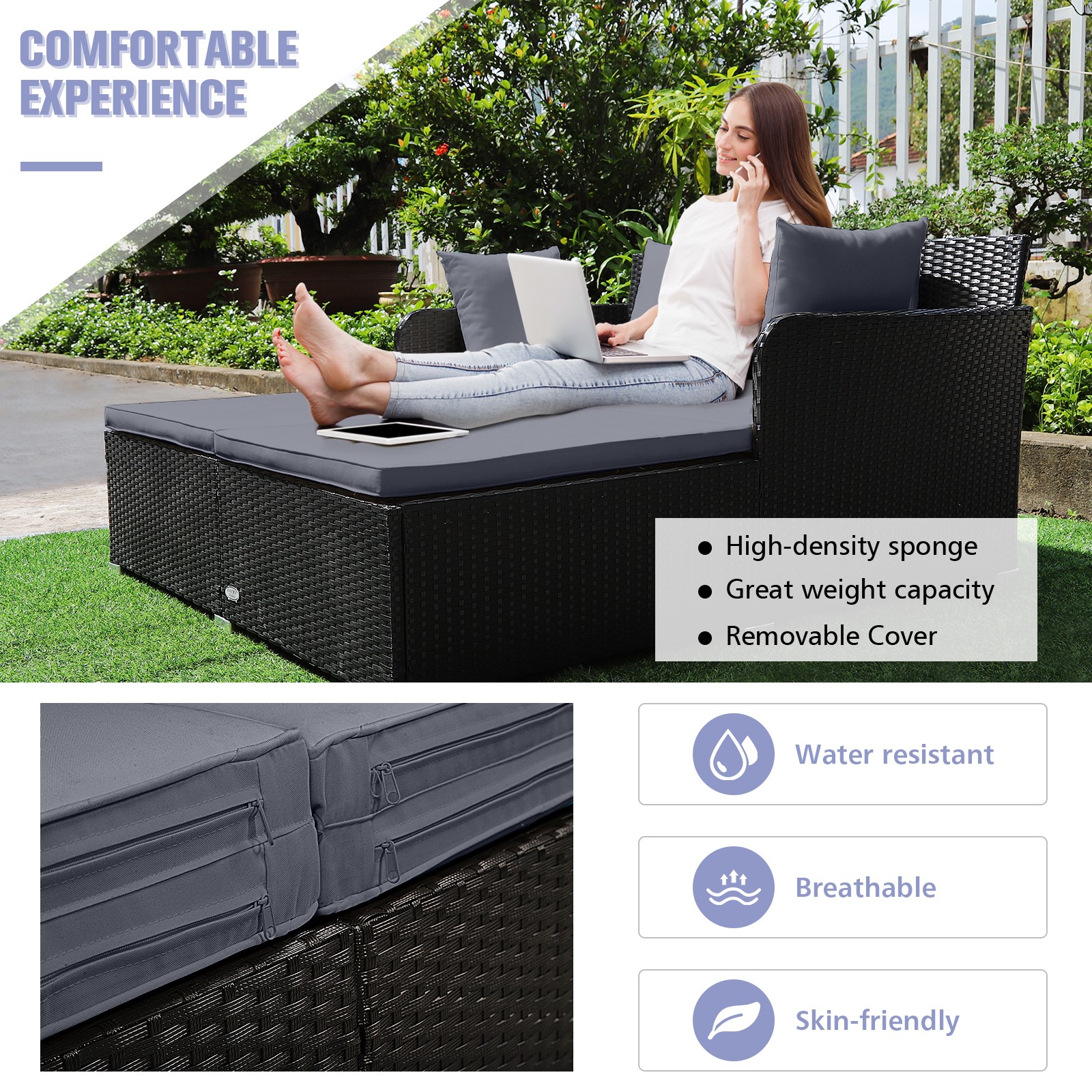 Patiojoy Outdoor Patio Rattan Daybed Pillows Cushioned Sofa Furniture