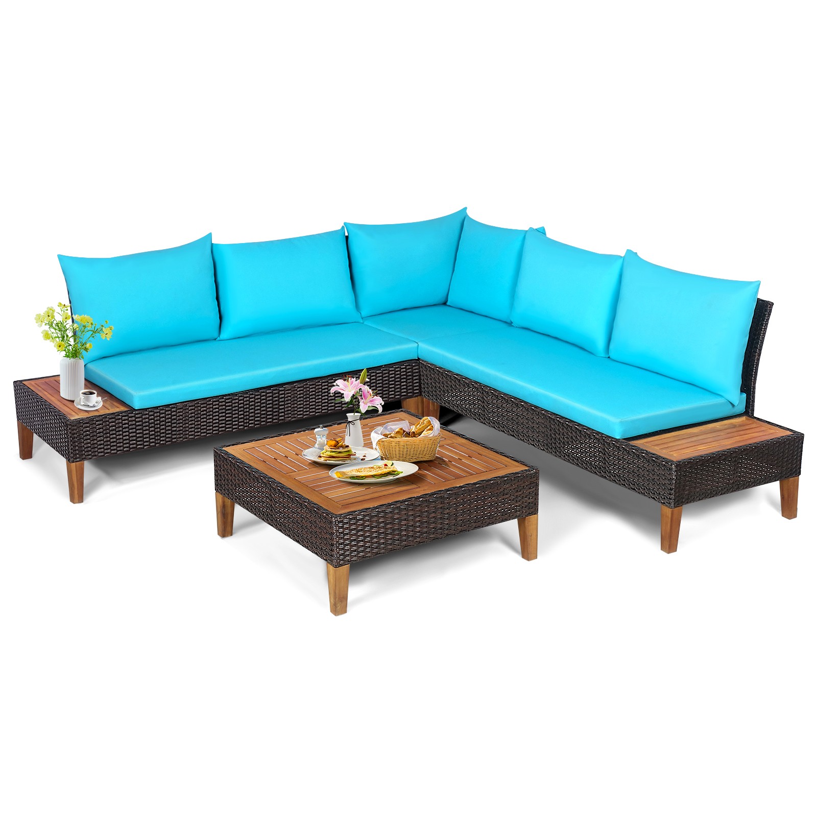 Patio 4PCS Rattan Furniture Set Cushioned Loveseat w/Wooden Side Table Turquoise