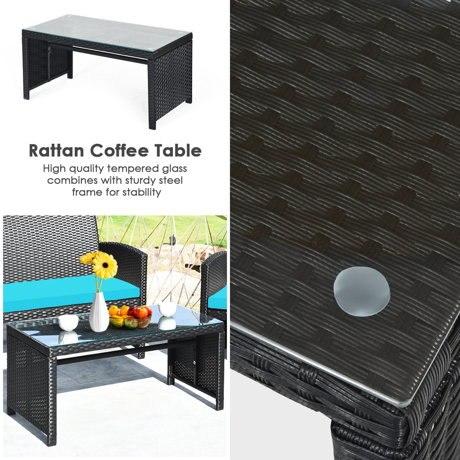 4PCS Rattan Outdoor Conversation Set Patio Furniture Set w/ Turquoise Cushions