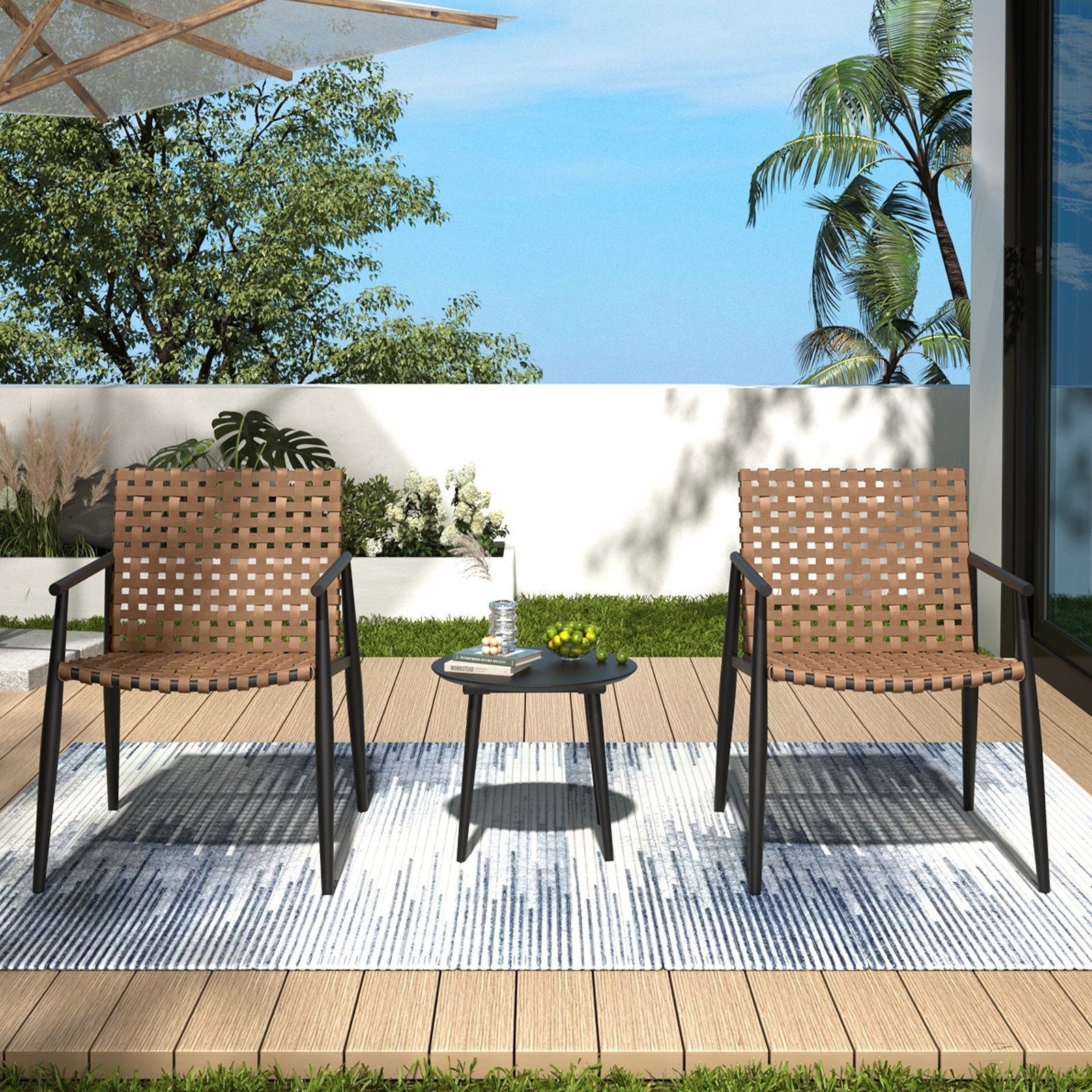 Modern Outdoor Chat Set: 2 PE Rattan Chairs + Black Steel & Glass Side Table