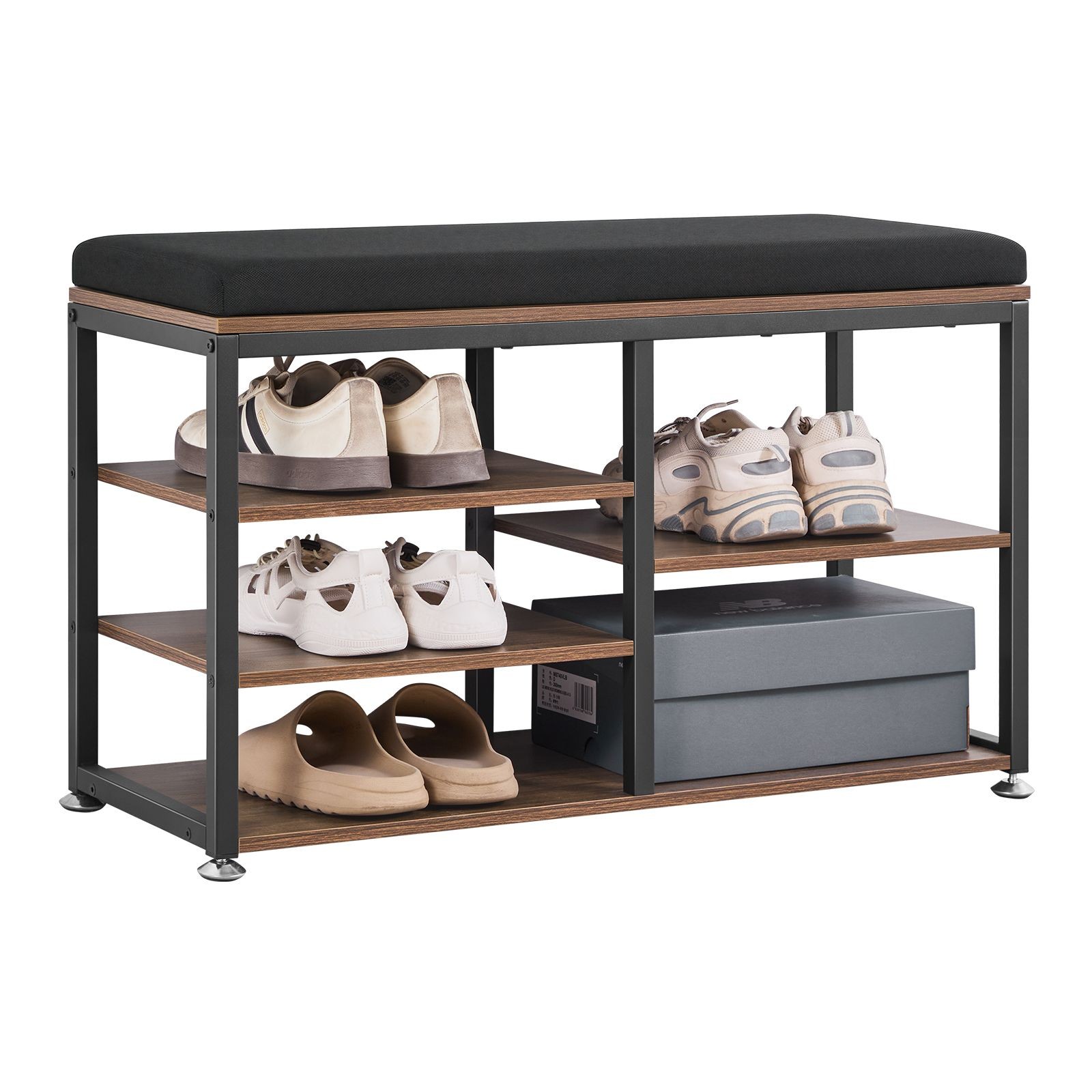 3 – in – 1 coat rack with shoe bench, hooks, and bookshelf, steel frame, rustic