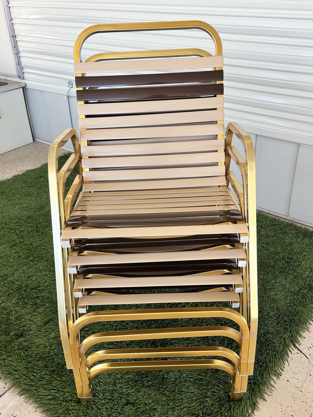 Vintage 1980s 4 Chair Set Patio Furniture Brown Jordan Style Gold Toned Aluminum