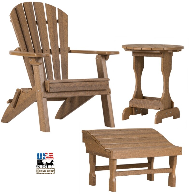 3pc 4 SEASON ADIRONDACK SET – MAHOGANY Folding Chair Ottoman & Candy Table USA