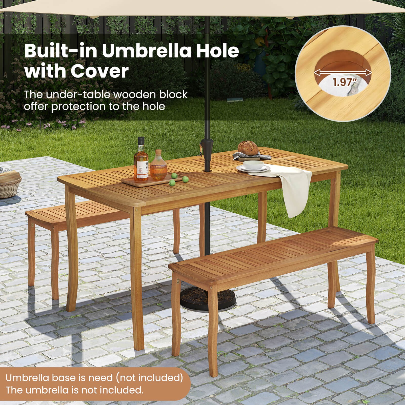 3 Pieces Outdoor Dining Set for 4 People, Patio Acacia Wood Table & Bench Set