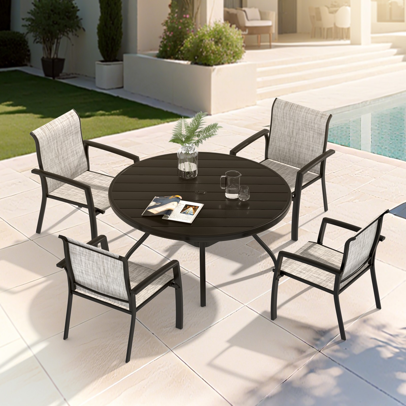 5-Piece Patio Dining Set with 4 Stackable Chairs & 40.6″ Round Table