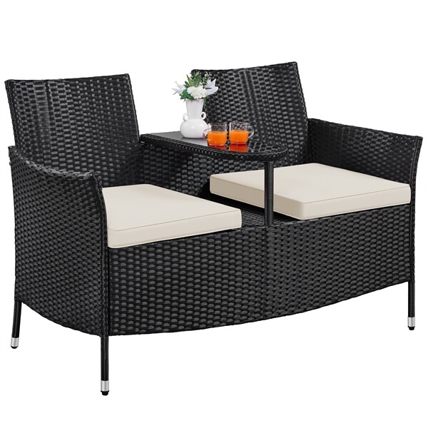 2 Seater Patio Loveseat PE Rattan Wicker Furniture Set with Side Table Outdoor