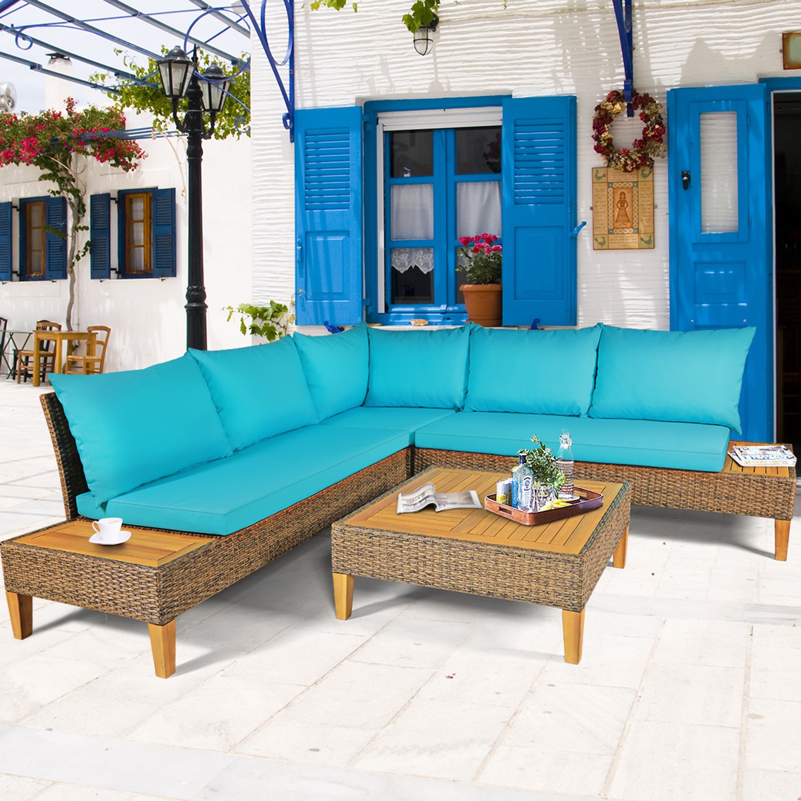 8PCS Rattan Patio Sofa Set Outdoor Furniture Set w/ Turquoise Cushions