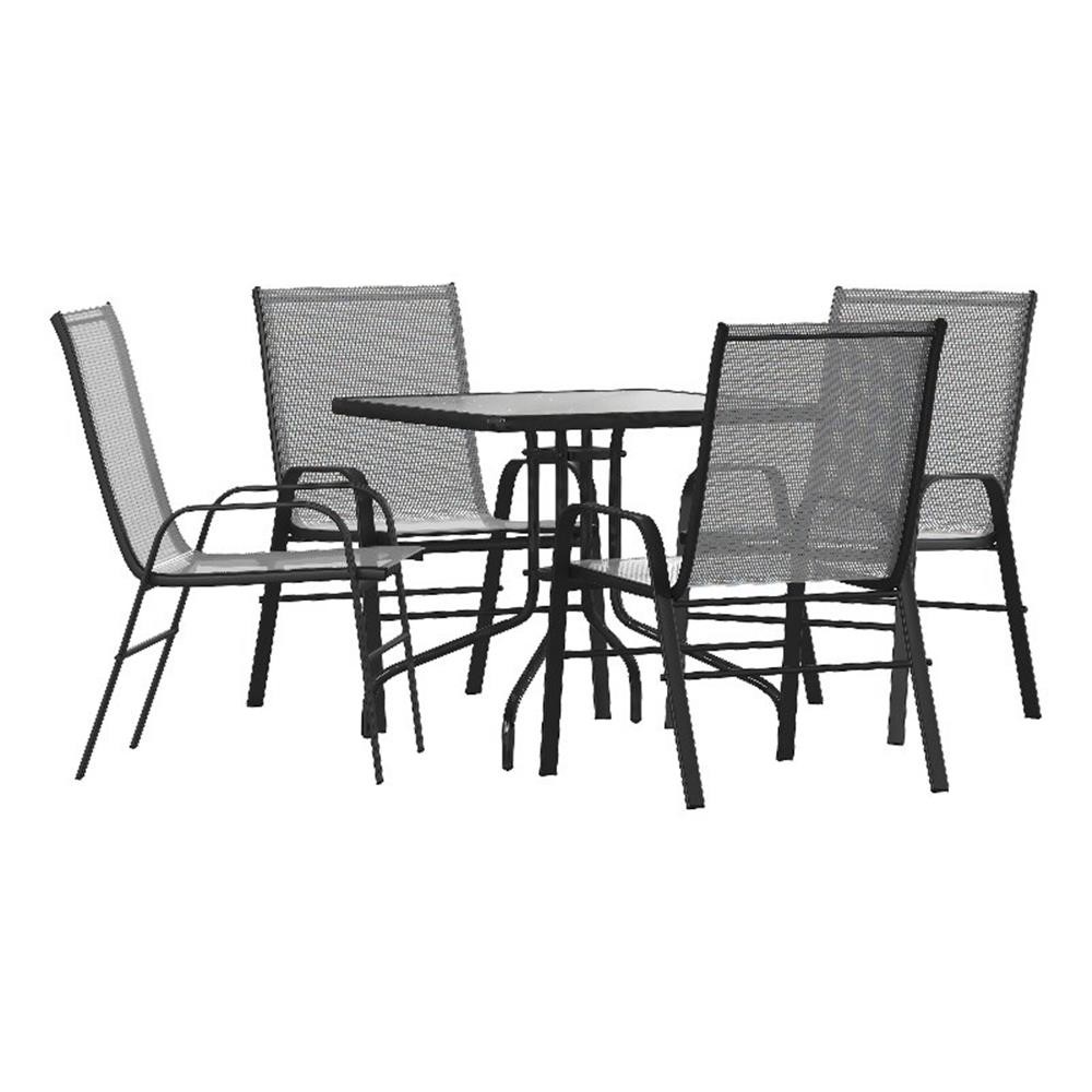 5 Piece Patio Dining Set – 31.5″ Square Glass Table 4 Gray Flex Stack Chairs