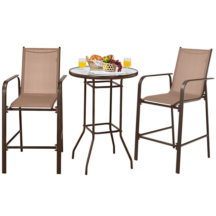 3 Pcs Outdoor Patio Bar Set 2 Bar Chair Round Tempered Glass Table Cozy Footrest