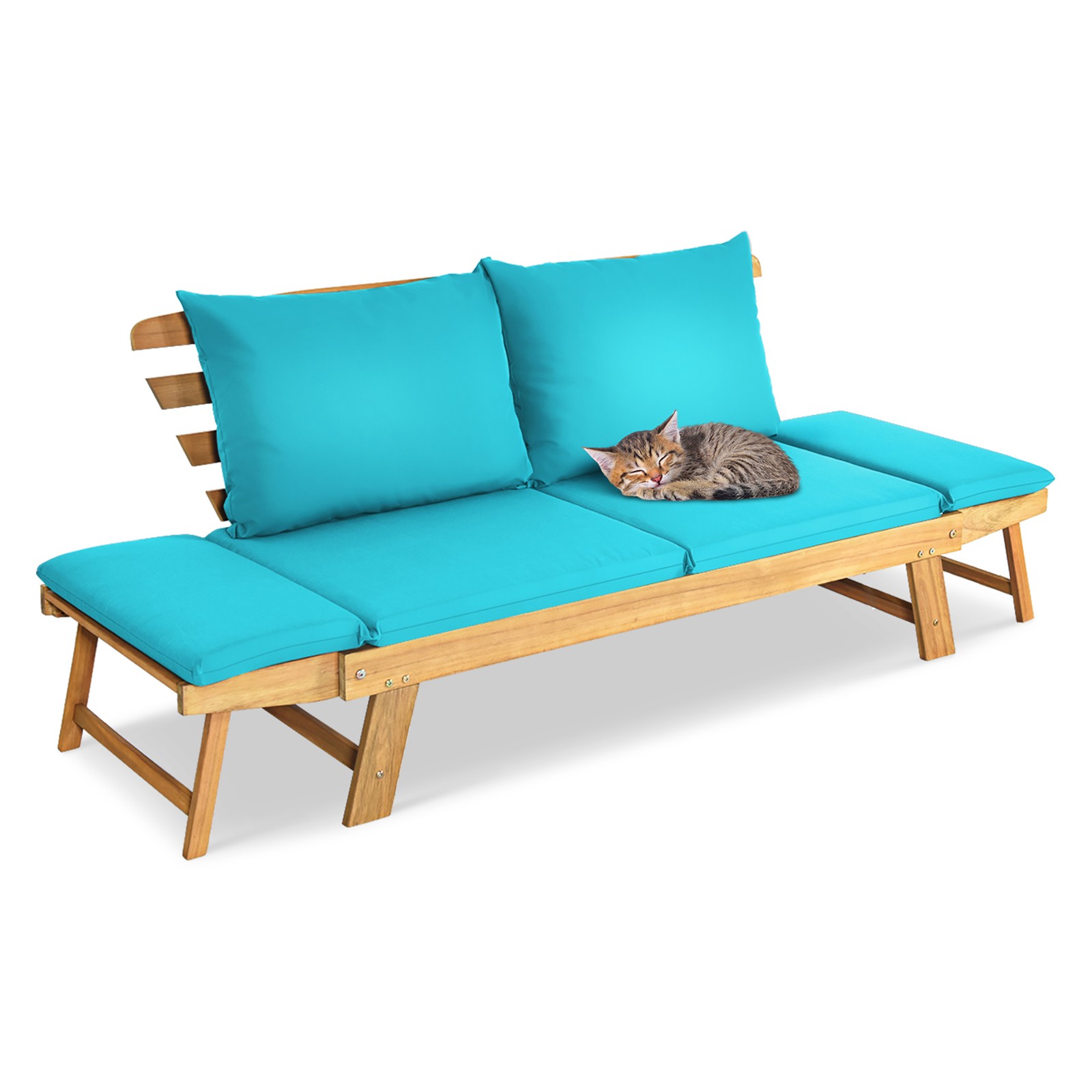 Adjustable Patio Sofa Daybed Acacia Wood Furniture w/ Turquoise Cushions
