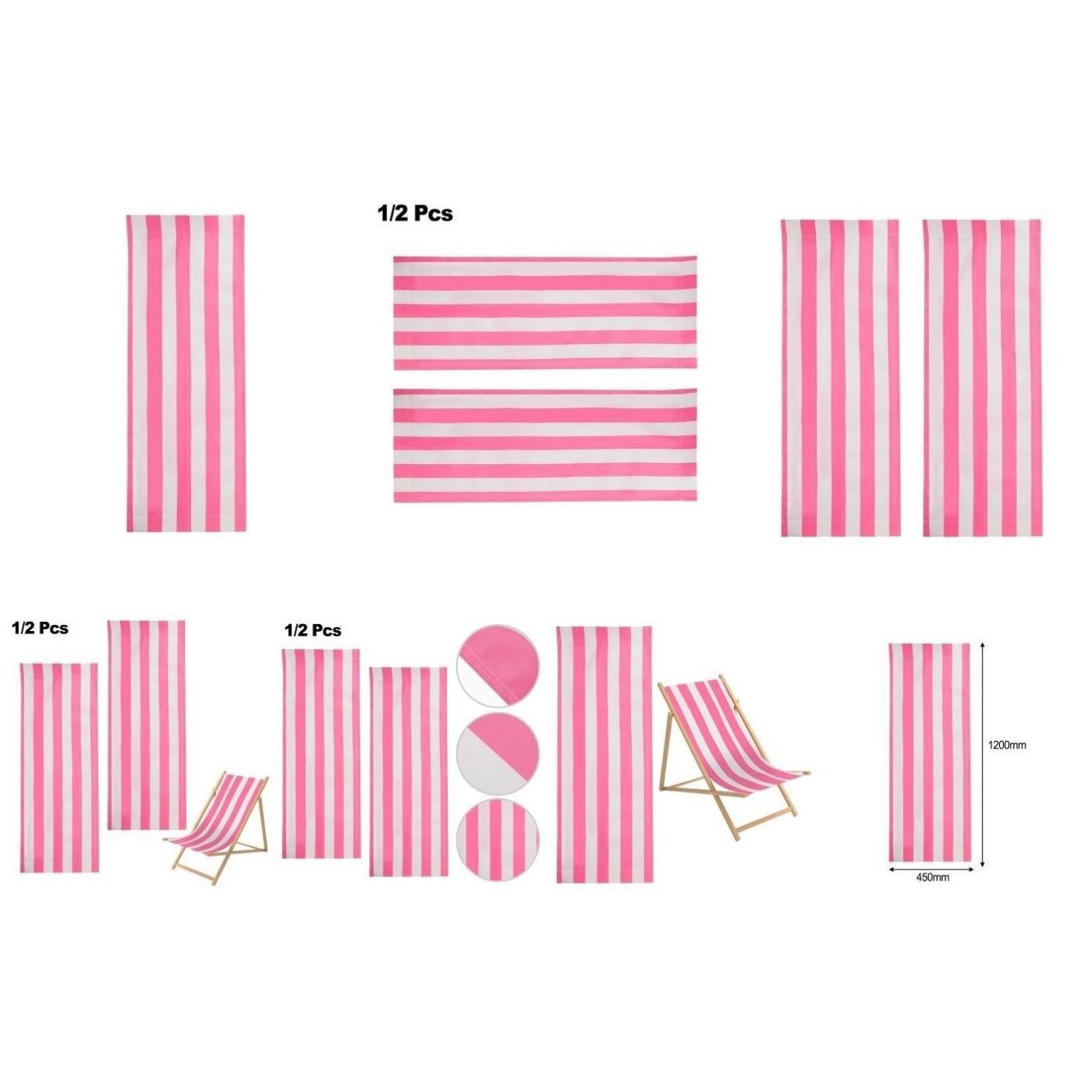 Compact Replacement Fabric for Beach Lounger 120×45 cm Easy to Roll Pink White