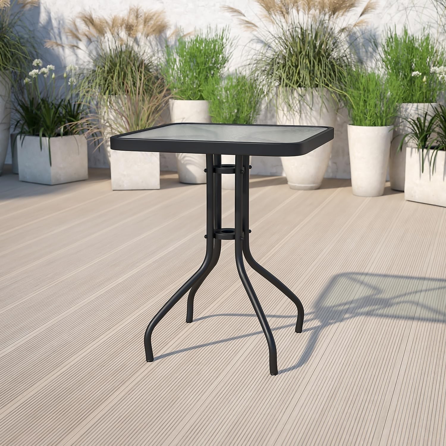 Bowery Hill 23.5″ Square Glass Top Patio Dining Table in Black